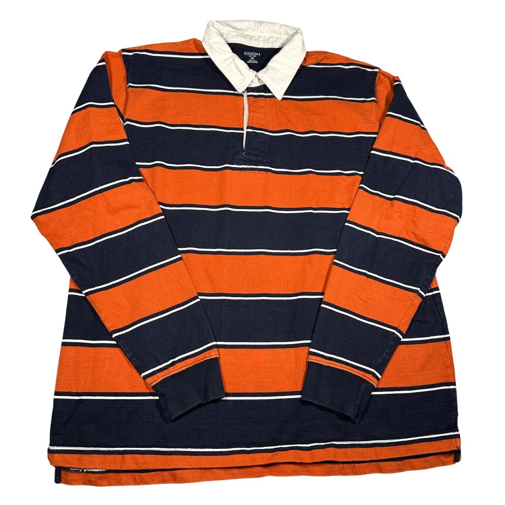 Y2K Sonoma XXL Rugby Shirt Orange Navy Blue White Striped Long Sleeve Cotton Men